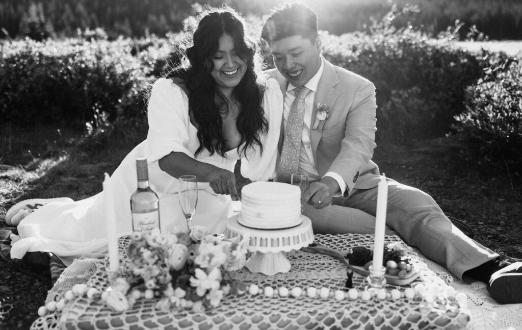 elopement couple cutting cake