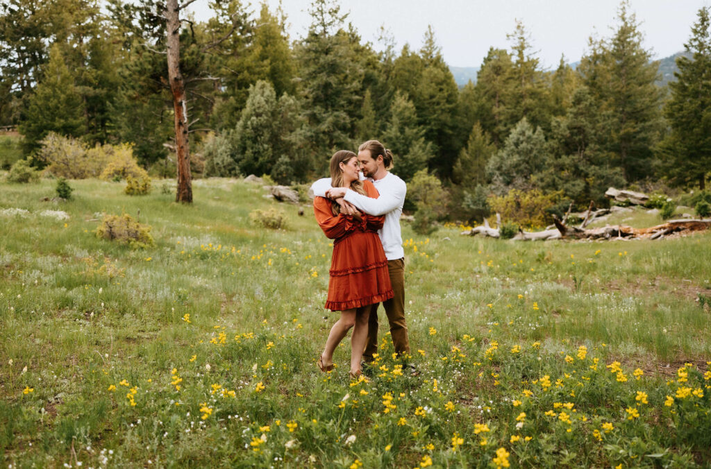 enagement couple hugging in field at Mount Falcon