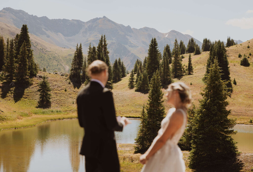 Ouray, Colorado, scenery with trees and elopement couple