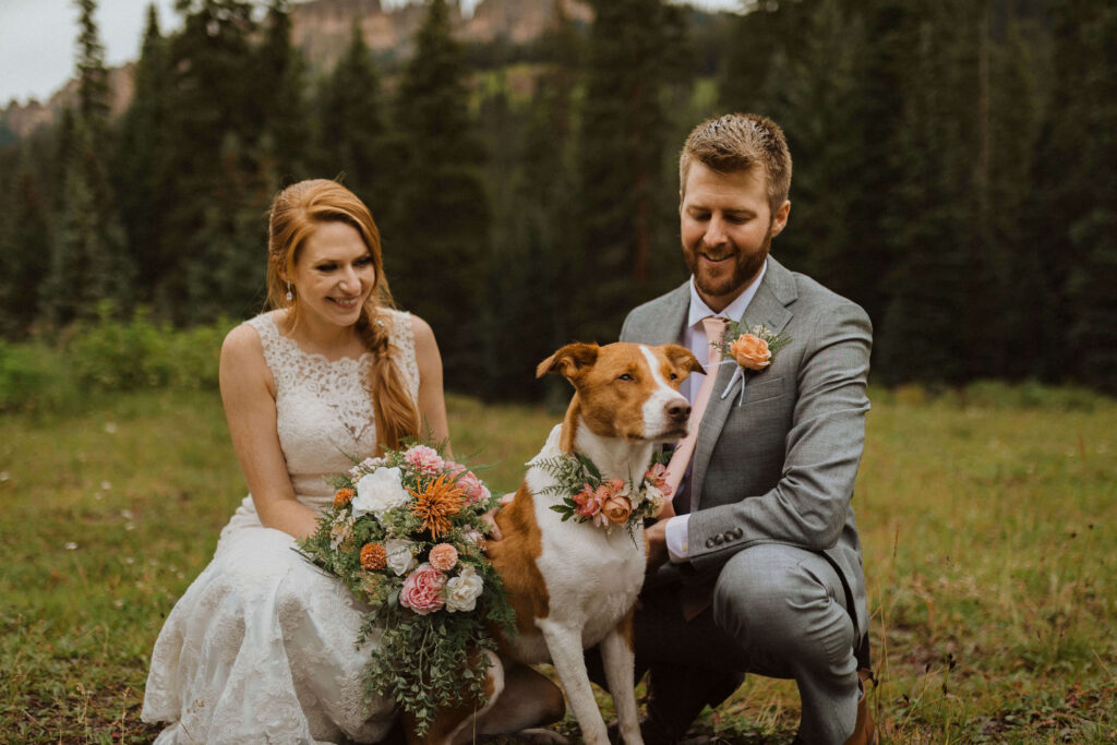 Ouray elopement couple posing with dog