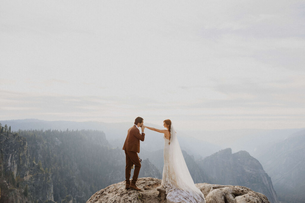 bride and groom posing for Yosemite elopement photos