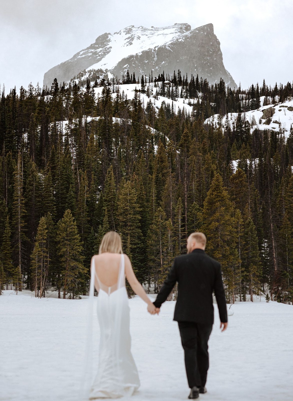bride and groom with backs to camera posing for Rocky Mountain National Park wedding photos