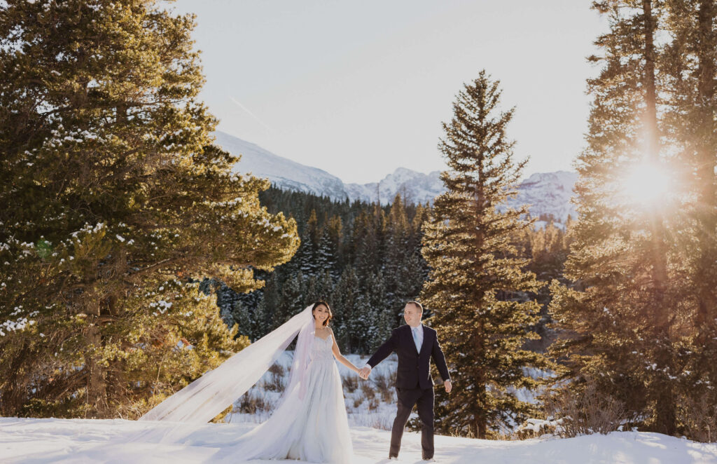 bride and groom posing in the snow at Rocky Mountain National Park