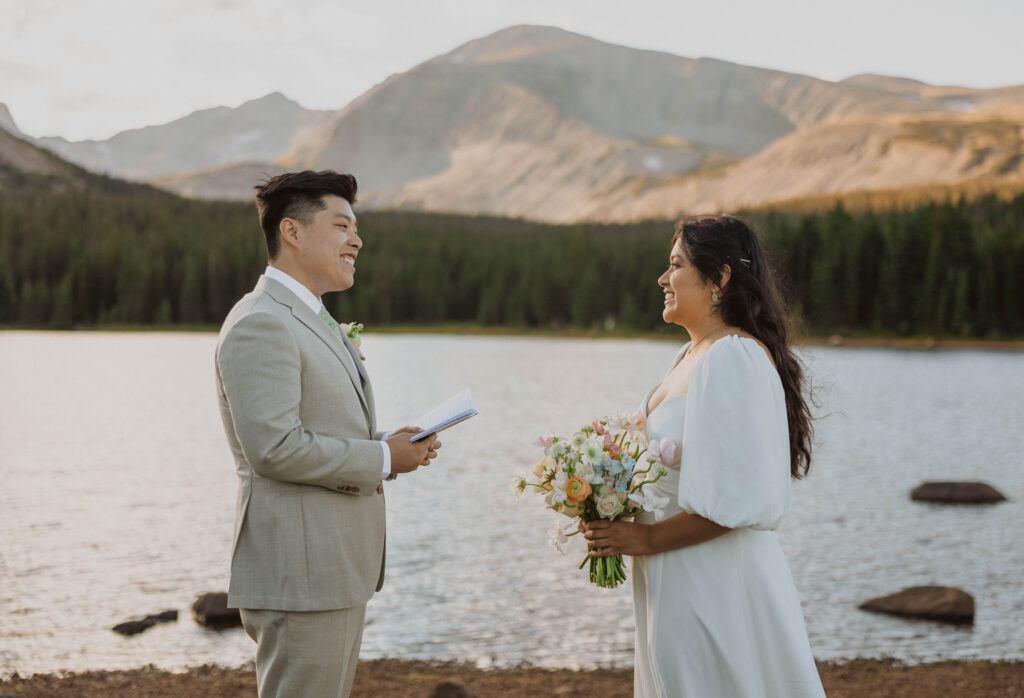 bride and groom at Brainard Lake for wedding