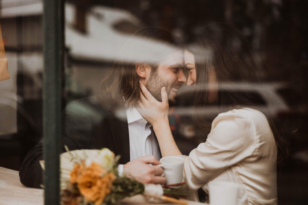 bride and groom at coffee shop