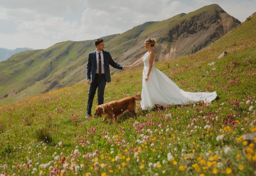 bride and groom holding hands in field with flowers and dog