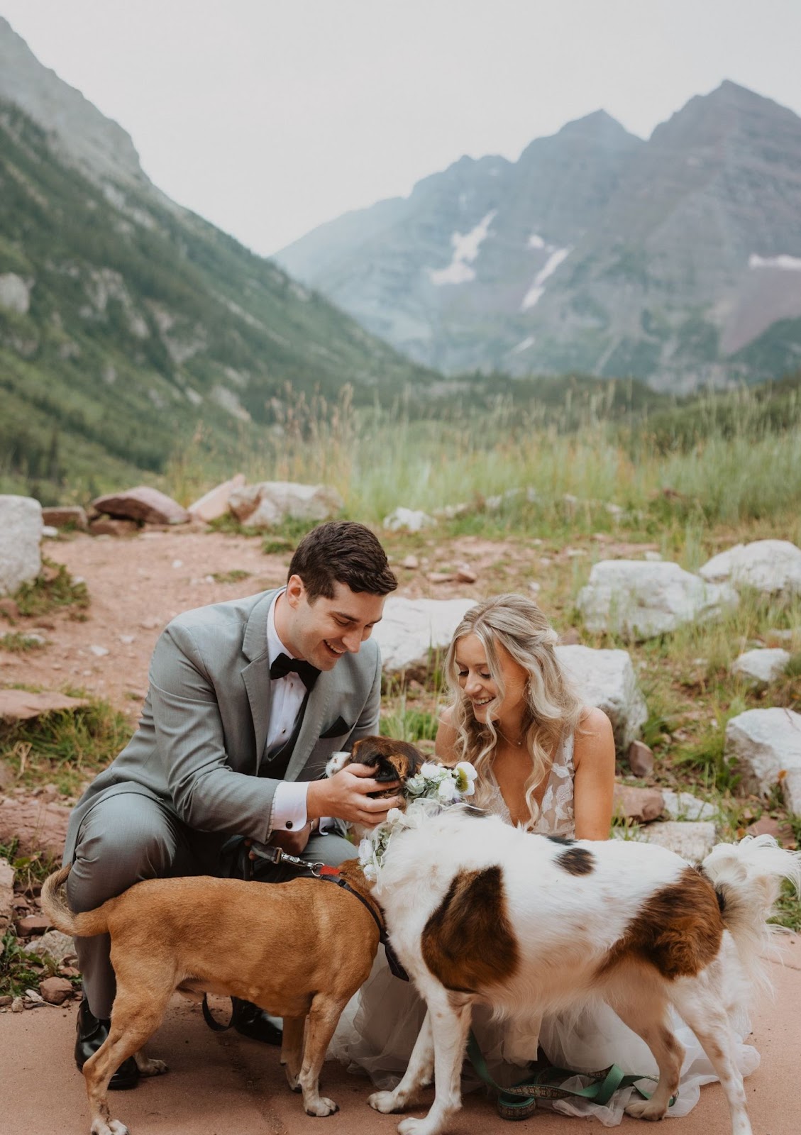 Bride and groom with two dogs at Maroon Bells wedding