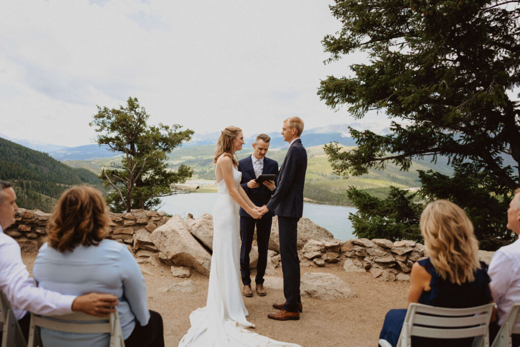 bride, groom, and guests at Sapphire Point Overlook wedding