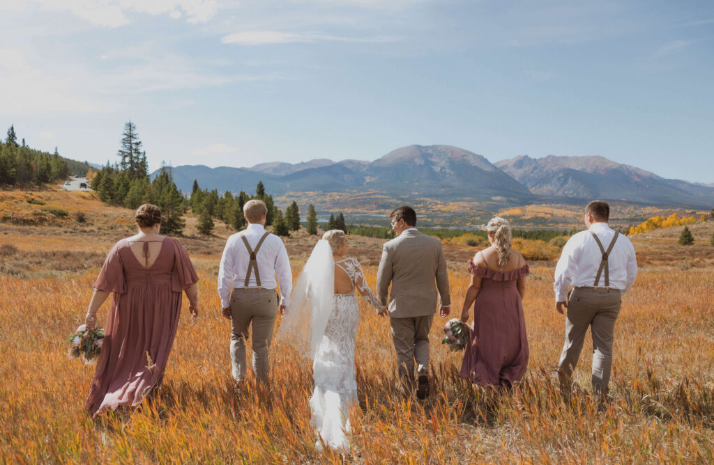 Bride, groom, and wedding party surrounded by fall scenery at Sapphire Point Overlook for wedding