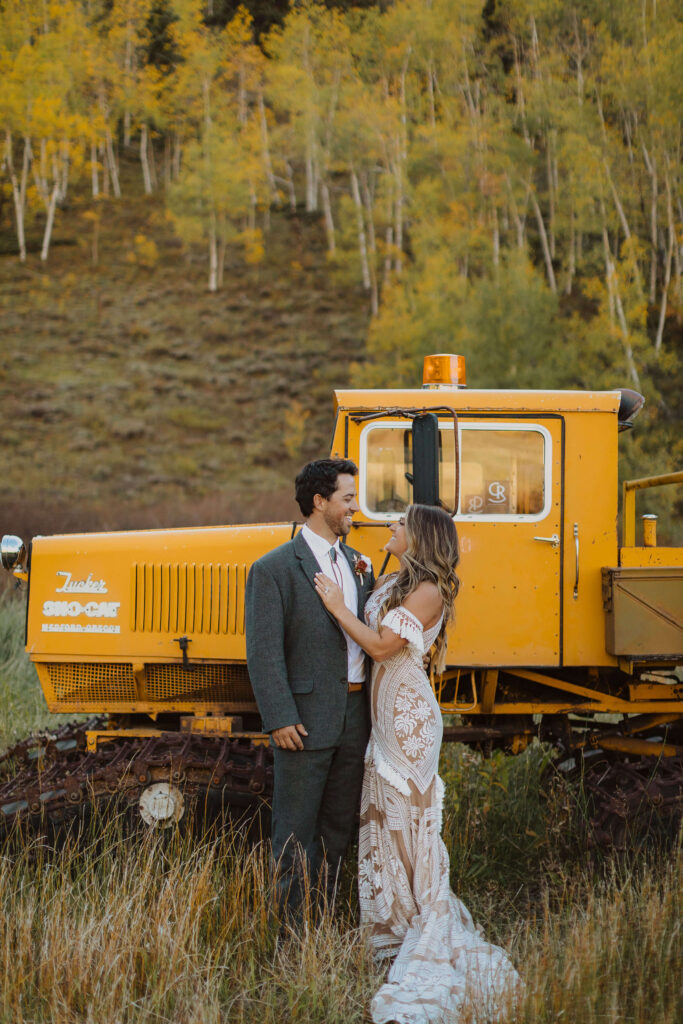 Bride and groom posing for wedding photo at Cement Creek Ranch in Crested Butte