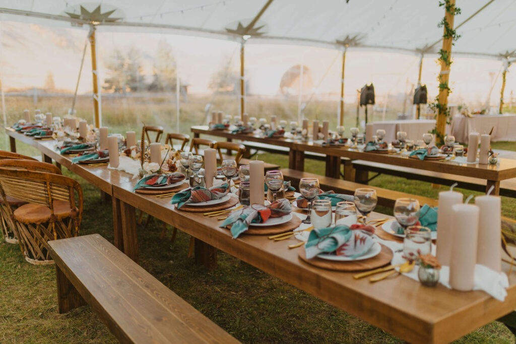 Table setup for reception at Cement Creek Ranch in Crested Butt