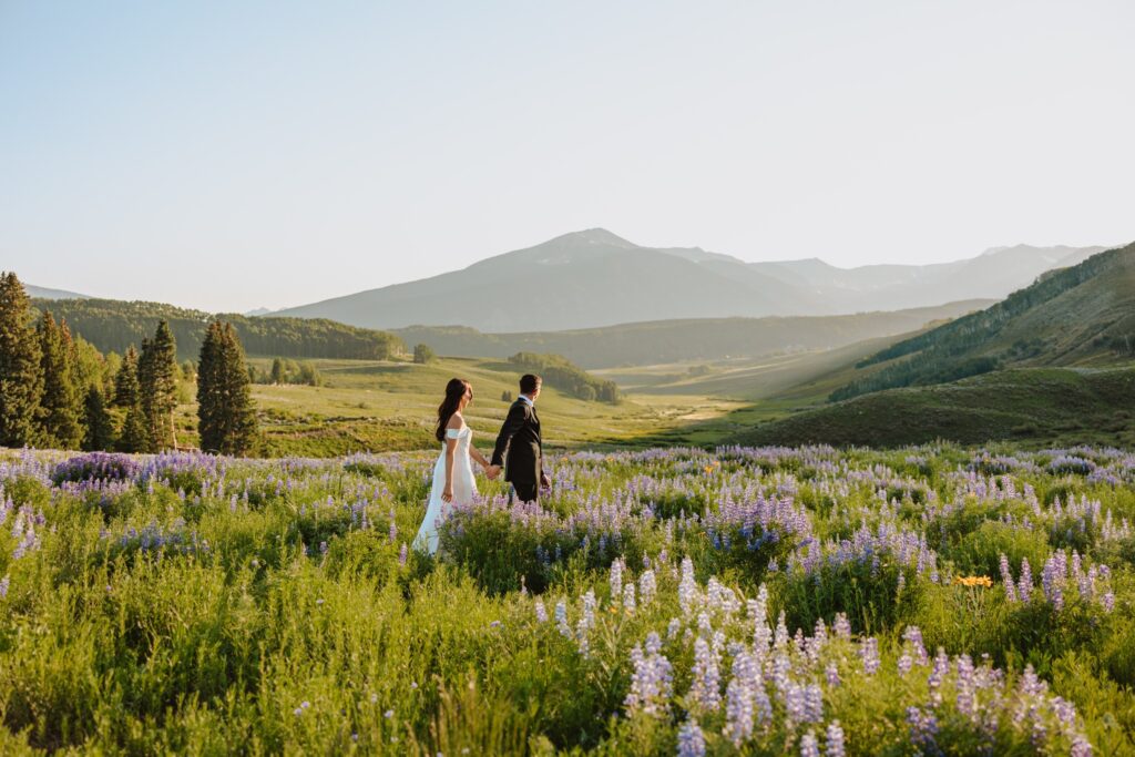 Bride and groom surrounded by mountains and flowers