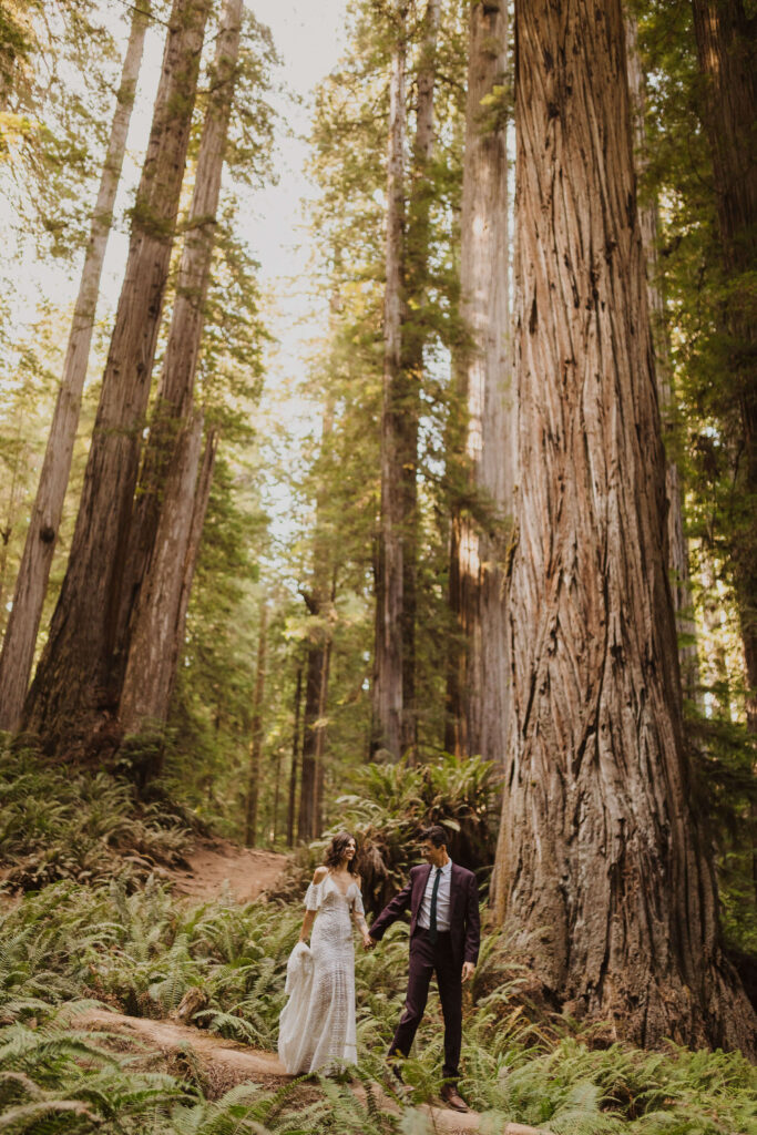 Bride and groom smiling surrounded by tall trees in Washington State
