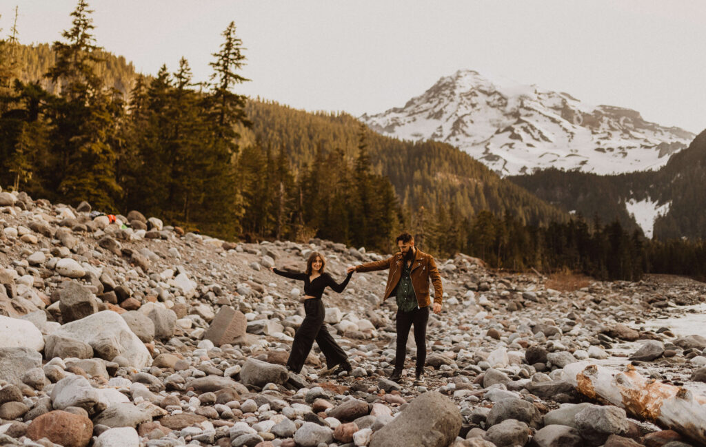 Couple walking through Mount Rainier National Park
