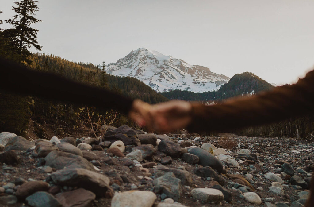 Couple holding hands at Mount Rainier National Park