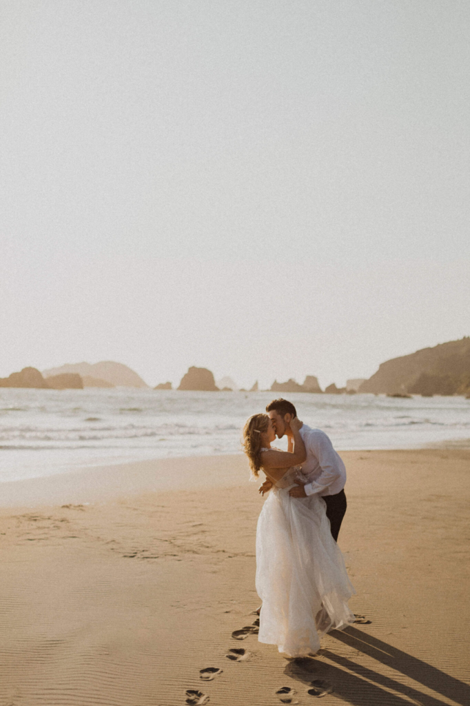 Bride and groom at Ruby Beach for Washington State elopement