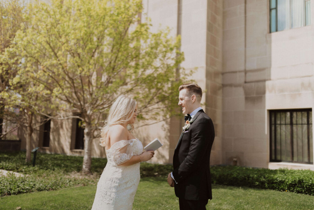 Bride reading vows to groom for Kansas City elopement