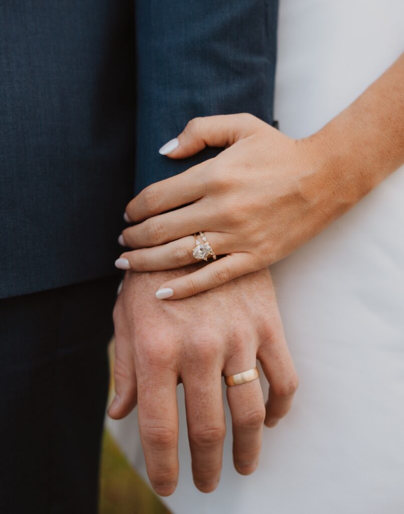 Bride and groom hands with wedding rings