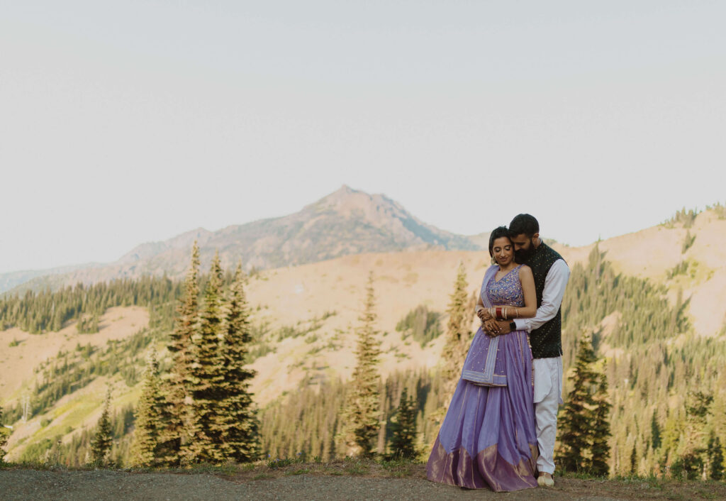 Bride and groom surrounded by scenery at Hurricane Ridge