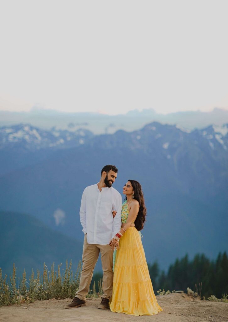 Bride and groom posing for photo for Hurricane Ridge elopement