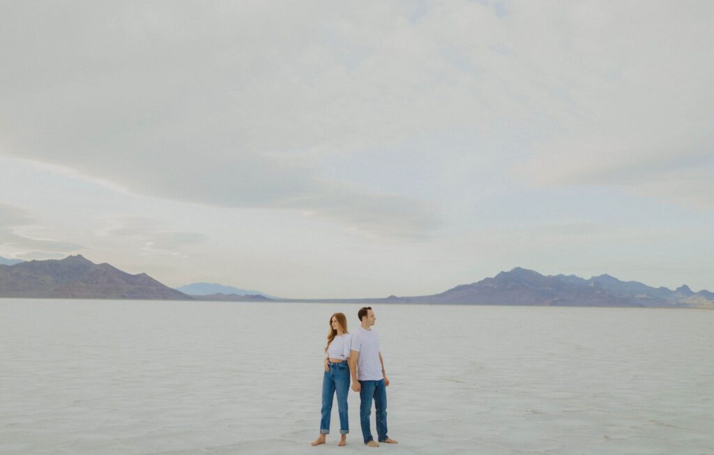 Couple at Bonneville Salt Flats for Utah elopement