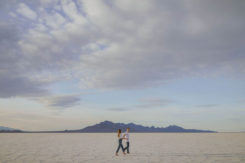 Couple at Bonneville Salt Flats for Utah elopement