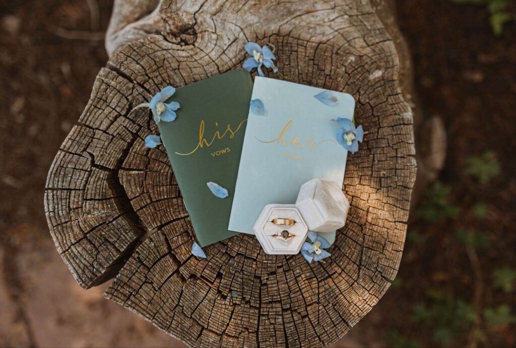 Bride and groom's vows with rings with flowers