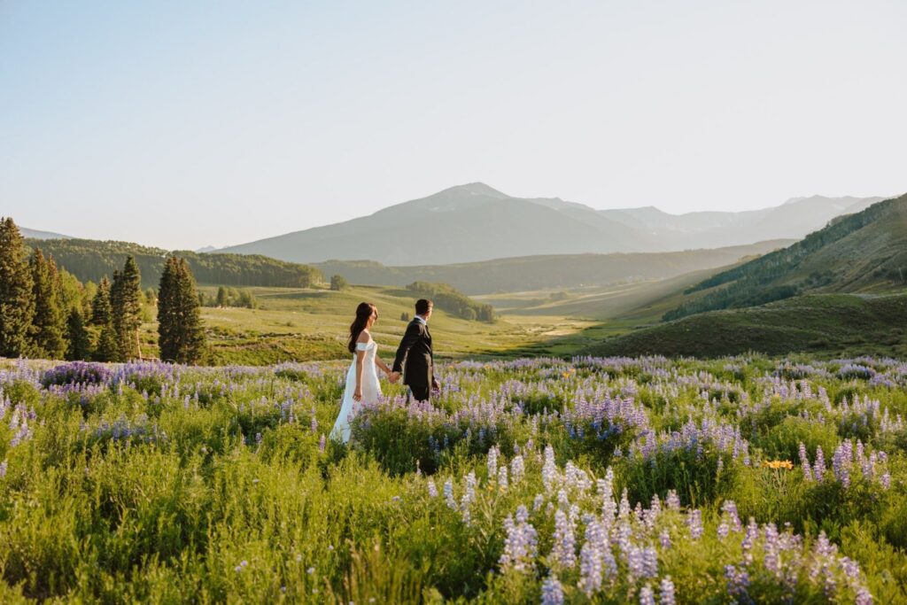 Bride and groom walking hand in hand among purple wildflowers.
